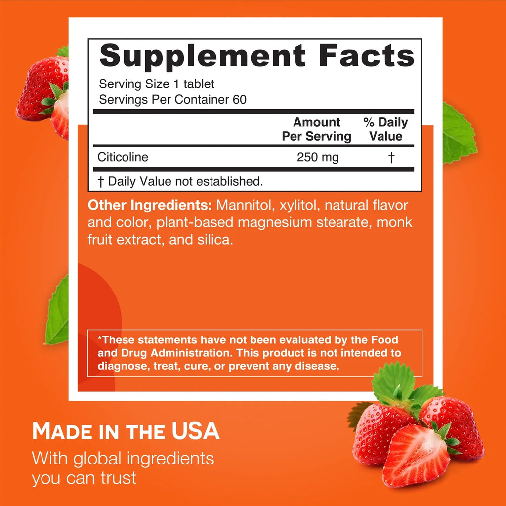EZ Melts Citicoline Supports Optimal Brain Function, 250 mg 60 Tablets, Strawberry Flavored, Vegan Dietary Supplements, Dissolvable and Fast Melting