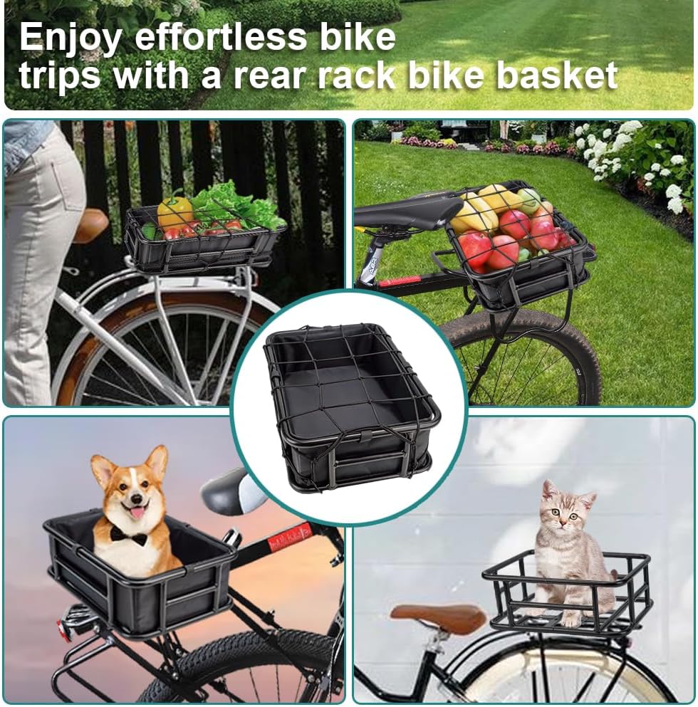 Rear Bike Basket with Black Liner, Cargo Net Large Rear Removable Metal Bicycle Basket, Heavy Duty Rear Basket for Electric Bike, Great for Bike Trip Carrying Grocery Dog