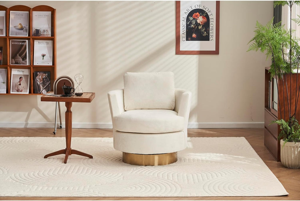 Velvet Swivel Barrel Chair, Swivel Accent Chairs Armchair for Living Room, Reading Chairs for Bedroom Comfy, Round Barrel Chairs with Gold Stainless Steel Base (Beige)