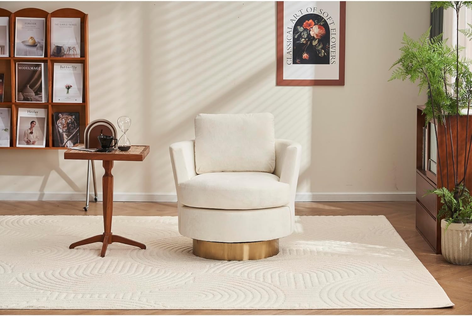 Velvet Swivel Barrel Chair, Swivel Accent Chairs Armchair for Living Room, Reading Chairs for Bedroom Comfy, Round Barrel Chairs with Gold Stainless Steel Base (Beige)