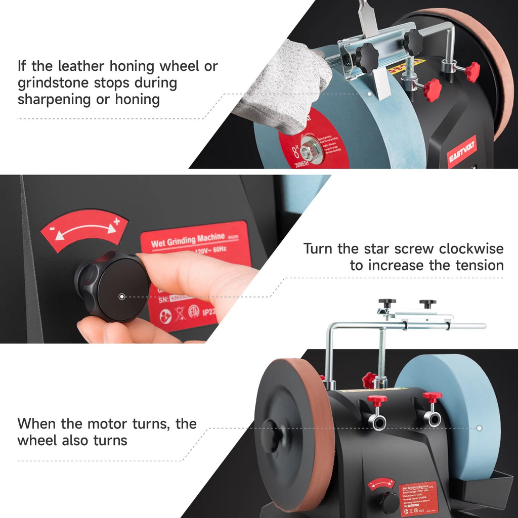 Eastvolt 8 Inch Low Speed Wet Grinding Machine, 120RPM Water Cooled Sharpening System for Household Knives and Woodworking Tools