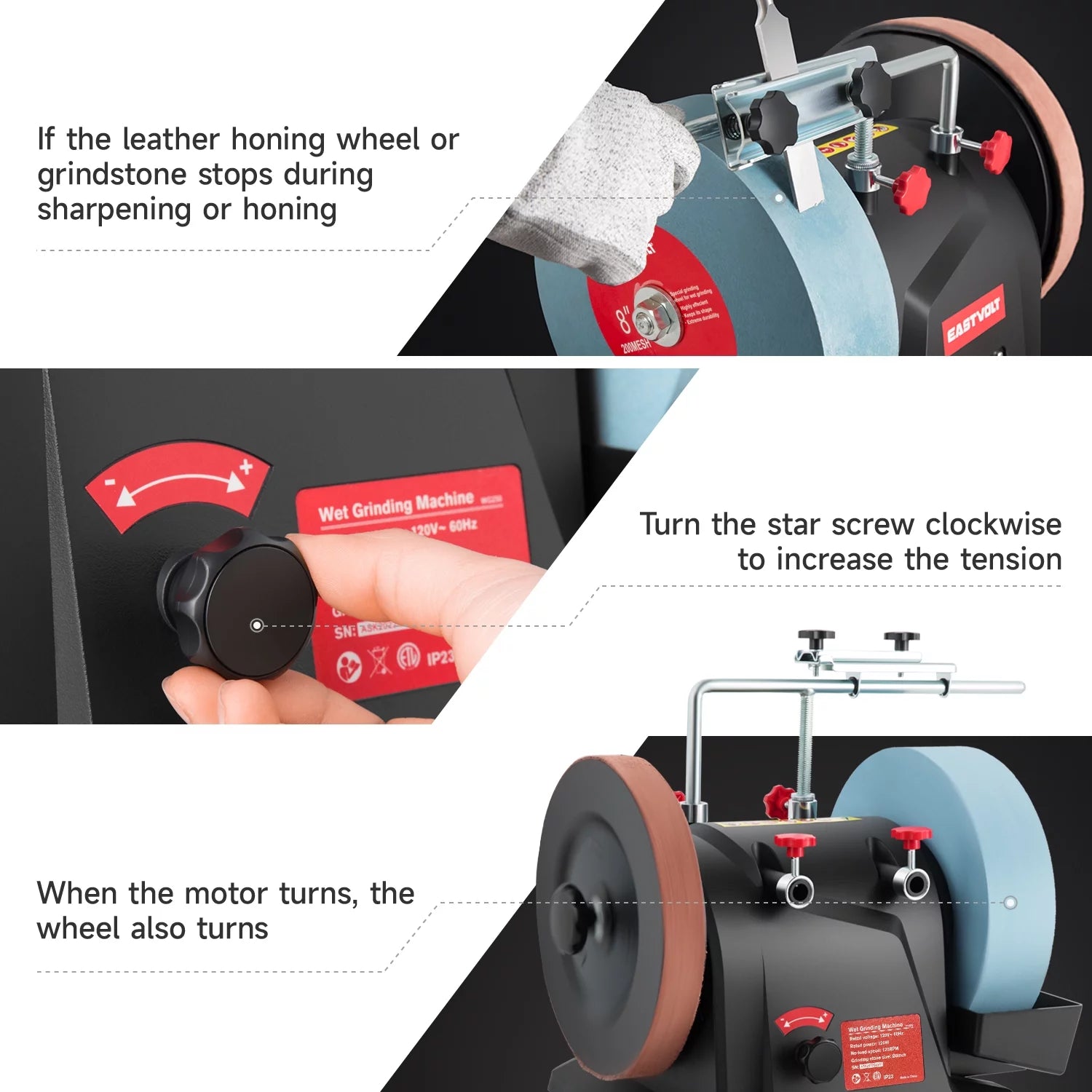 Eastvolt 8 Inch Low Speed Wet Grinding Machine, 120RPM Water Cooled Sharpening System for Household Knives and Woodworking Tools