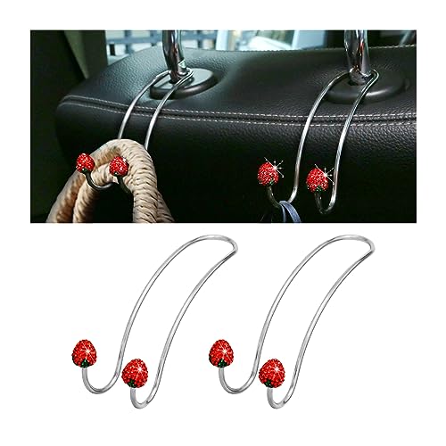 BESULEN Strawberry Car Decor Hooks, 2 Pack Bling Diamond Seat Back Organizers, Auto Headrest Storage Hangers Hooks for Purse Handbag Clothes Grocery, Universal Car Accessories for Women