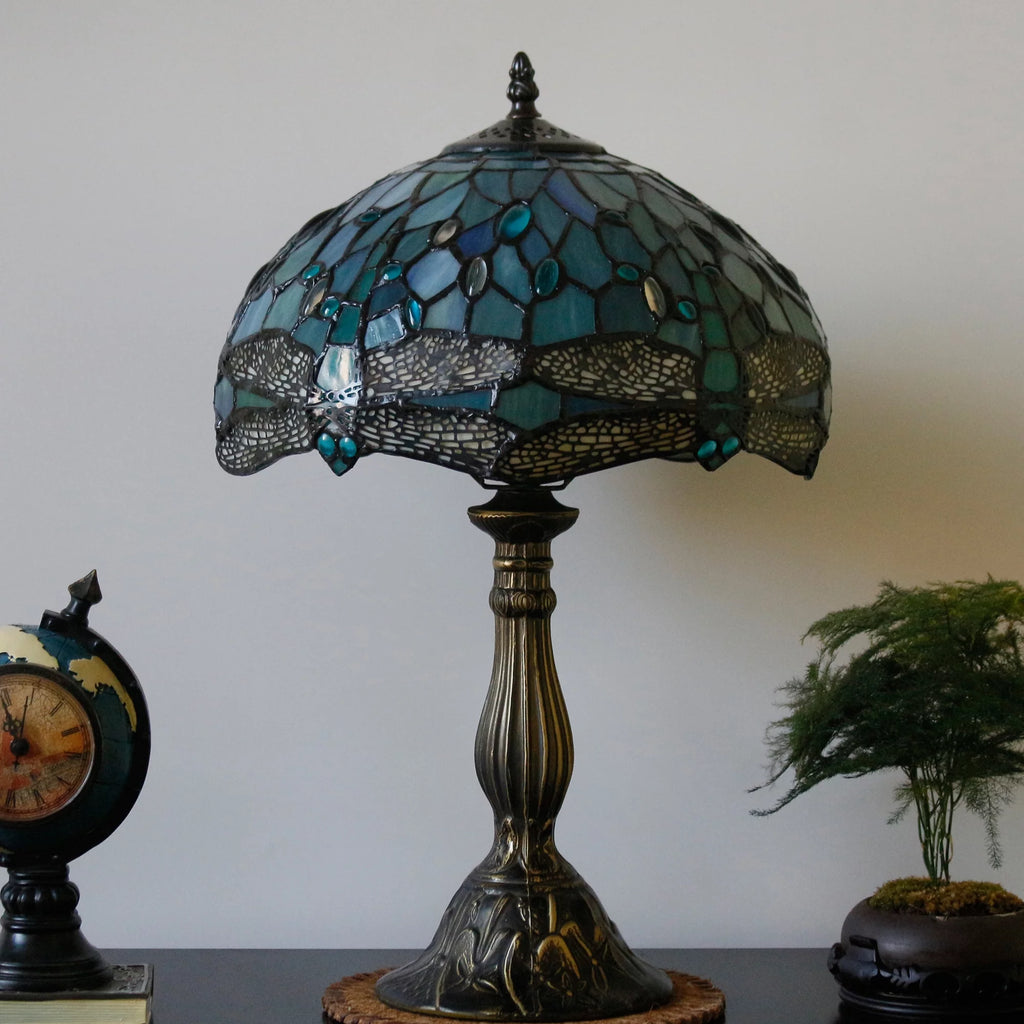 Tiffany Lamp Table Lamp Sea Blue Stained Glass Dragonfly Style Luxurious Boho Banker Memory Lamp Sympathy Nightstand Reading Desk Light 18" Tall Bedside Bedroom Living Room Farmhouse Hotel