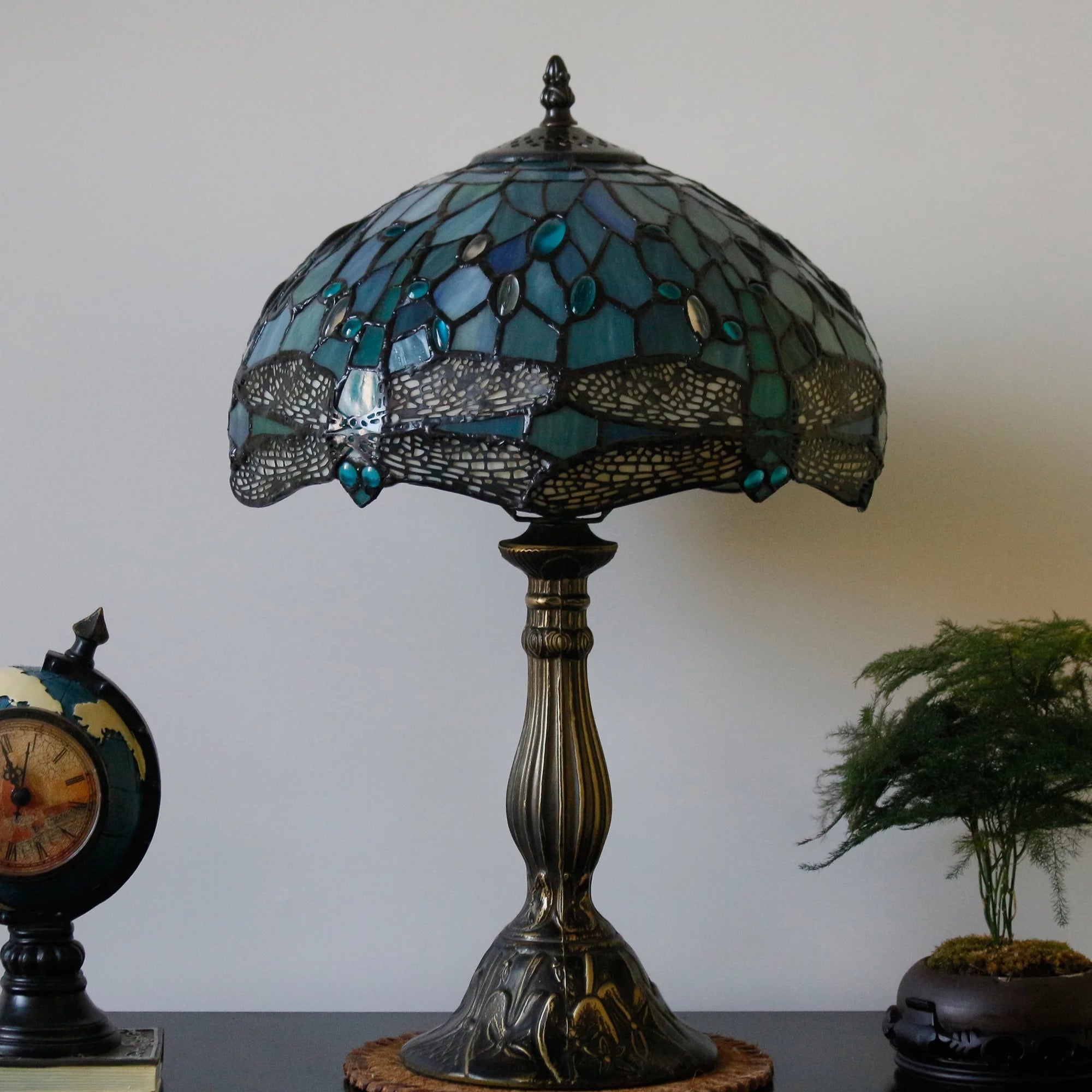 Tiffany Lamp Table Lamp Sea Blue Stained Glass Dragonfly Style Luxurious Boho Banker Memory Lamp Sympathy Nightstand Reading Desk Light 18" Tall Bedside Bedroom Living Room Farmhouse Hotel