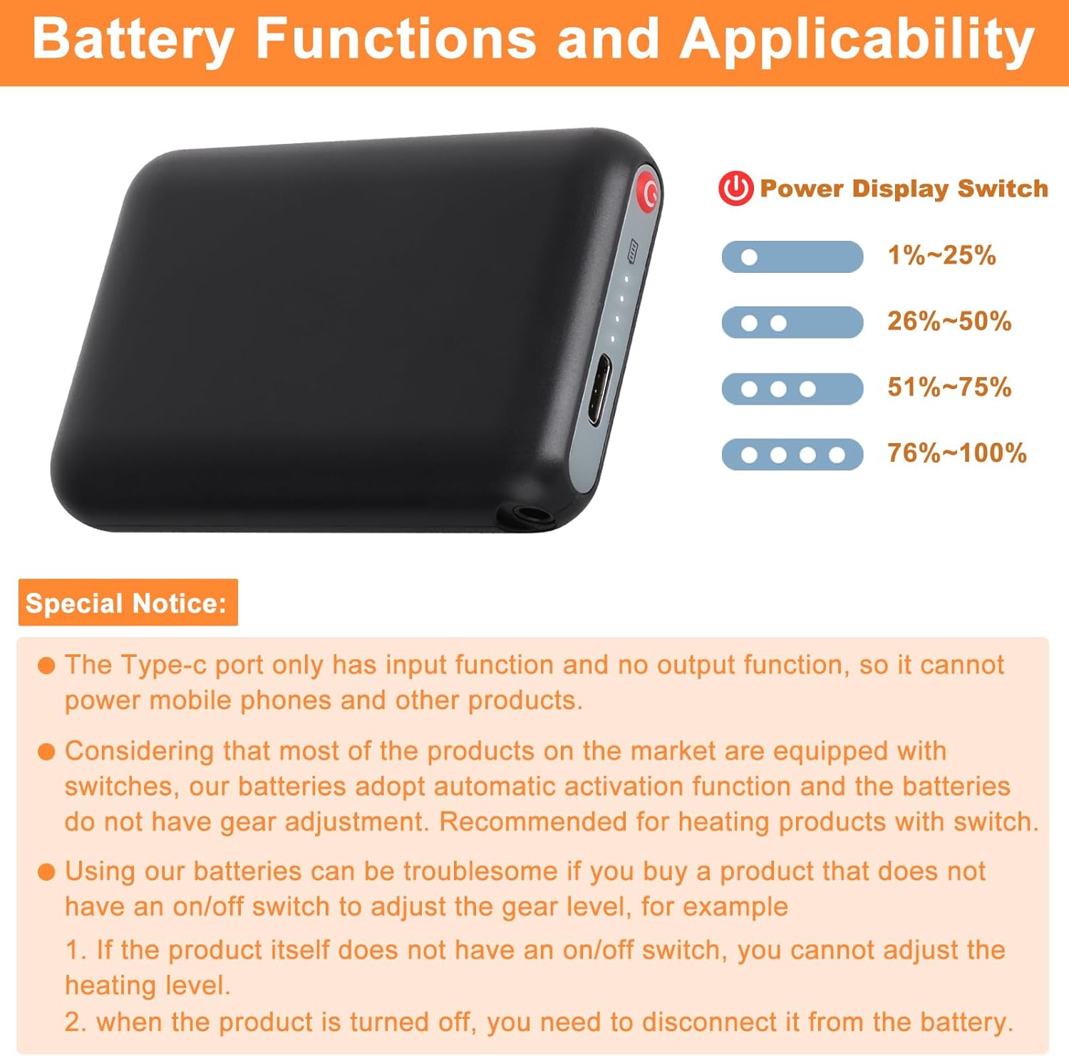 Amiable Upgraded 5V 5000mAh Li-Polymer Rechargeable Batteries, Suitable for Heated Gloves Heated Scarf Heated Socks, Heated Slippers Spare Battery (Black)