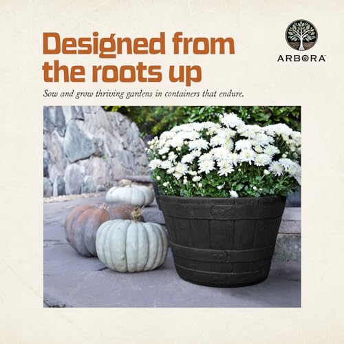 19" Whiskey Barrel Polyresin Indoor and Outdoor Planter with Textured Wood Finish - Durable, Weatherproof, Lightweight, Large Plant Pot for Patio, Garden, Deck, Entryway