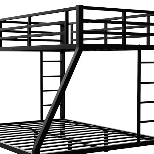 Bunk Bed Twin XL over Queen with 2 Ladder & Safety Railing, Metal Bunk Bed Frame for Kids/Adults Bedroom, Strong Slats Support, Under Bed Storage, Space Saving, Noise Free, No Box Spring Needed, Black