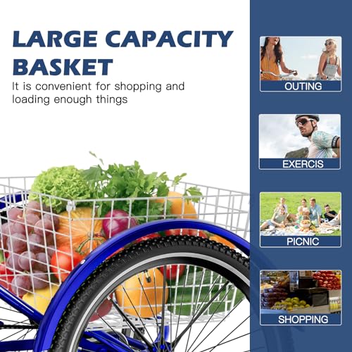 Adult Tricycle 7 Speed 3 Wheel Bike Adult Trikes, Three-Wheeled Bicycles Cruise Trike with Basket for Seniors, Women, Men for Recreation Shopping