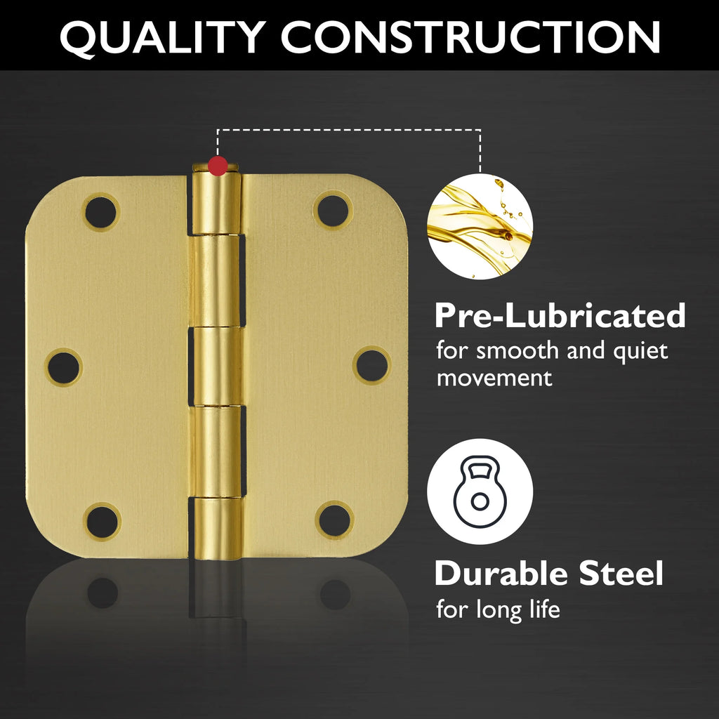 Door Hinges for Interior Doors 12-Pack 3.5-inch x 3.5-inch – Rounded 5/8-inch Radius Steel Door Hinge – Satin Brass – Fits Standard Doors – Design House 189795