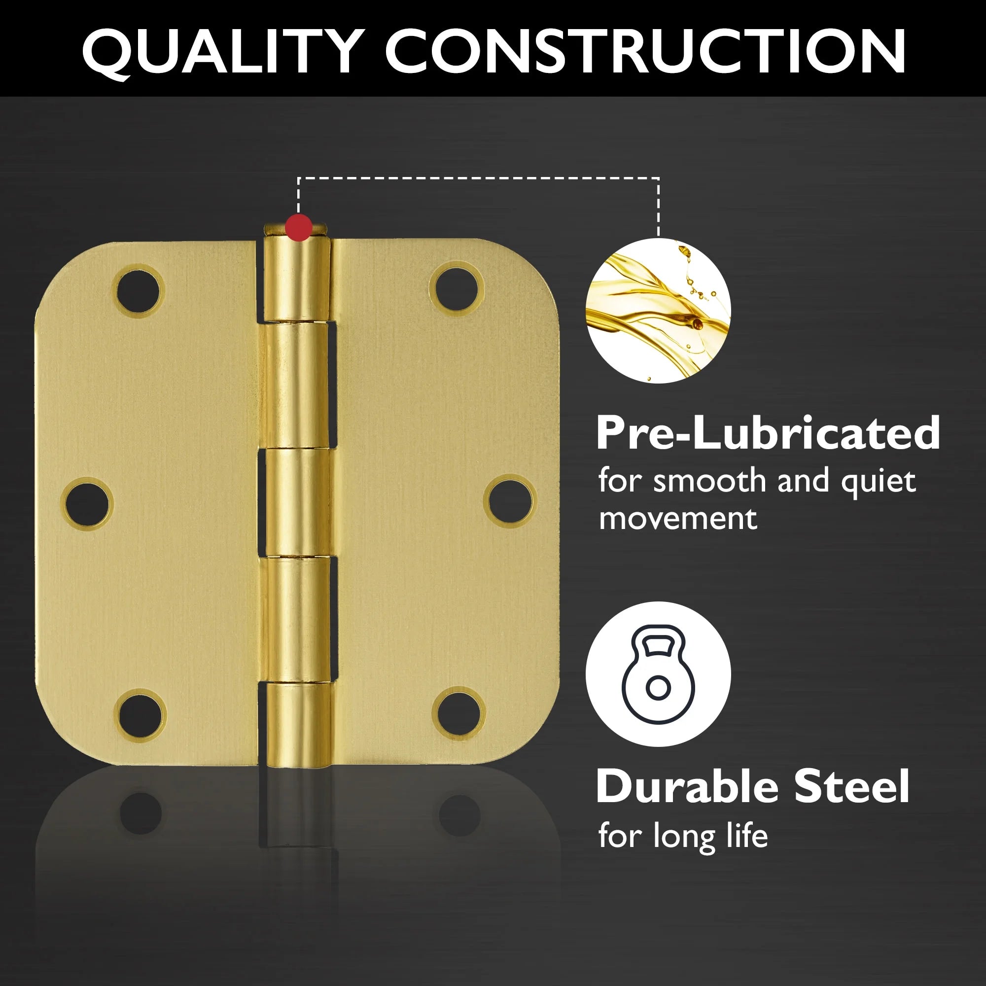 Door Hinges for Interior Doors 12-Pack 3.5-inch x 3.5-inch – Rounded 5/8-inch Radius Steel Door Hinge – Satin Brass – Fits Standard Doors – Design House 189795