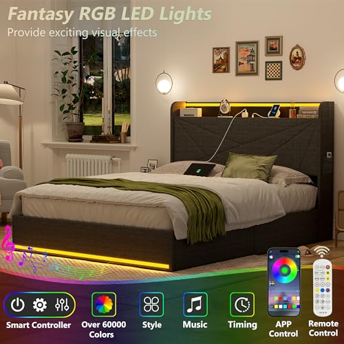 Alohappy Queen Bed Frame with Storage Drawers and Charging Station, Upholstered Platform Bed Frame with LED Light and Type-C & USB Ports,Metal Support No Box Spring Needed Noise-Free Easy Assembly