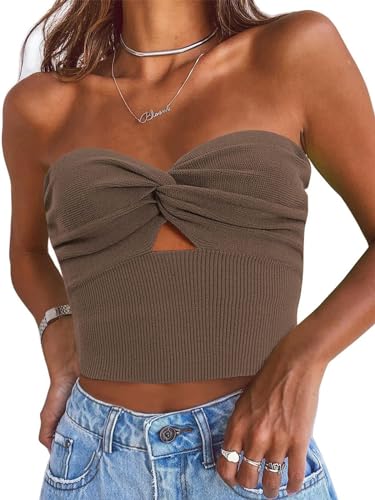 EFAN Womens Tube Tops Going Out Cut Out Twist Knot Front Bandeau Ribbed Knit Y2K Strapless Tank Bustier Corset Tops