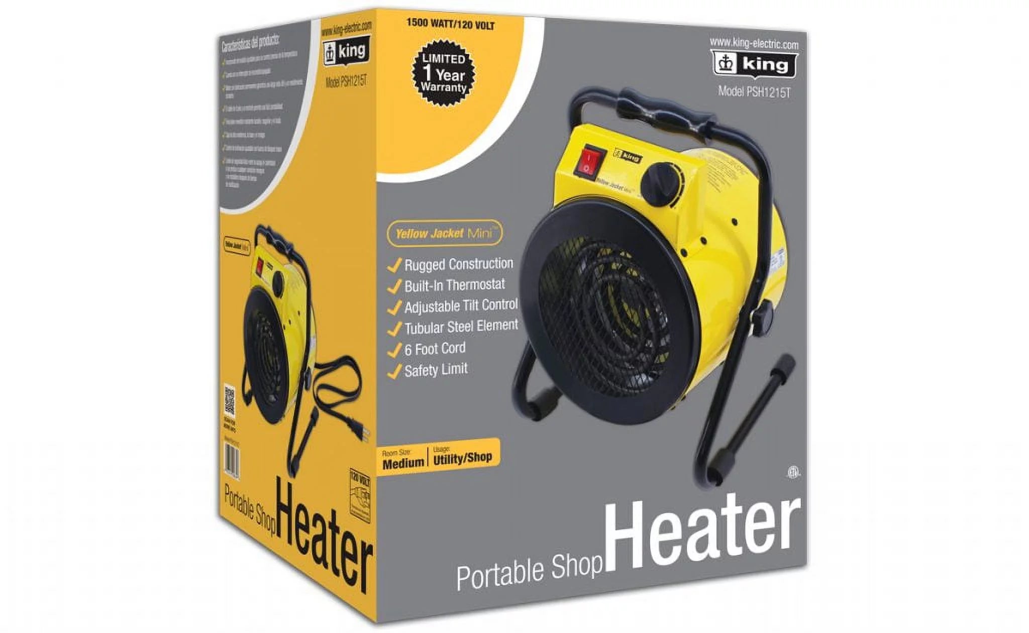 King Electric Portable Heater, 1500W / 120V, Yellow, PSH1215T