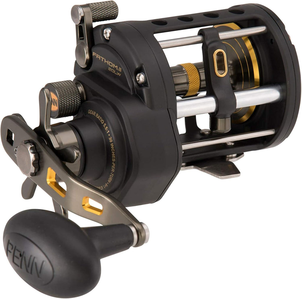Penn 1481307 Fathom Ii Level Wind Saltwater Casting Reel, 20, 5.1 Gear Ratio, 30" Retrieve Rate, 5 Bearings, 30 lb Max Drag, Right Hand, Black Gold