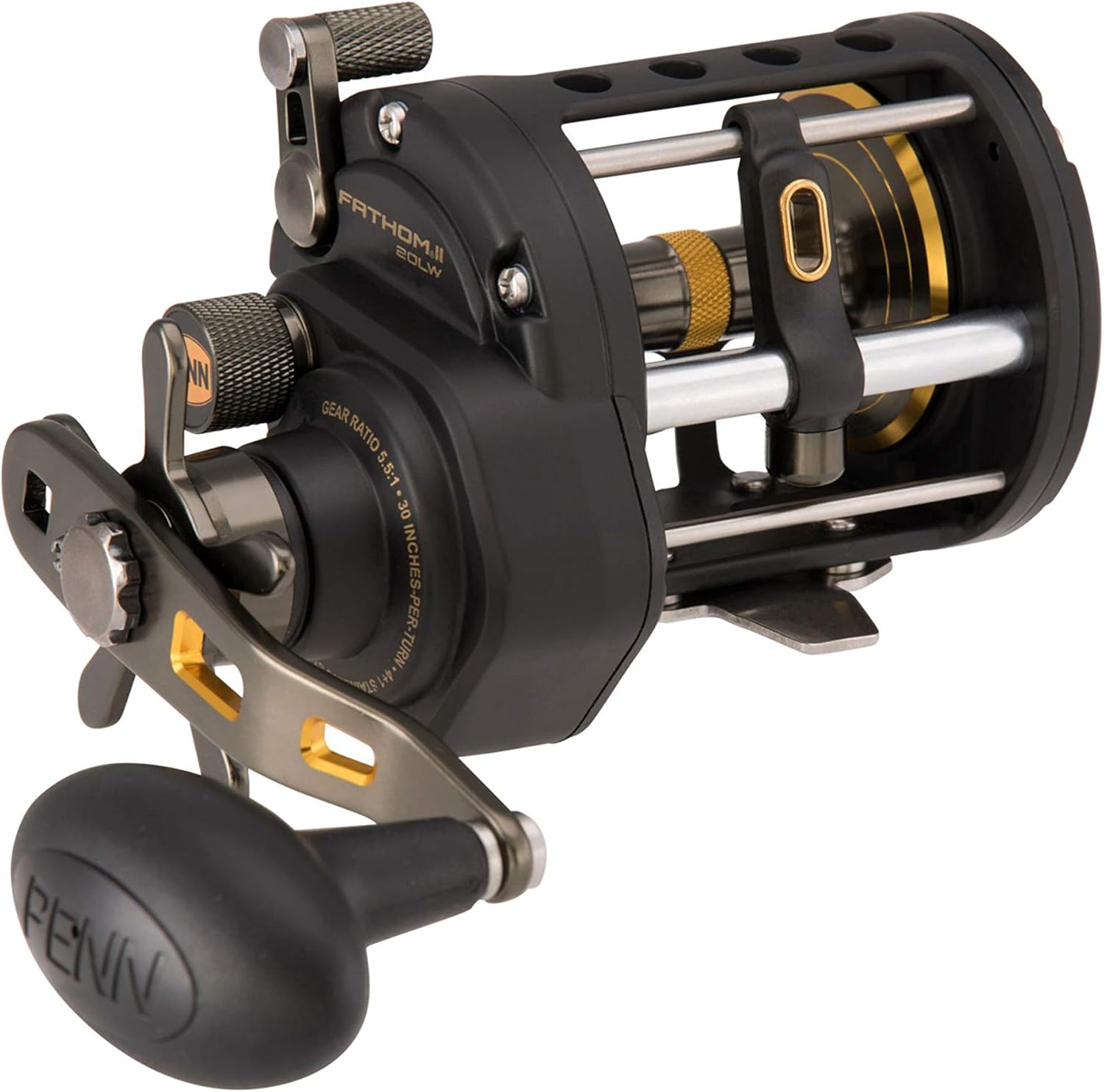 Penn 1481307 Fathom Ii Level Wind Saltwater Casting Reel, 20, 5.1 Gear Ratio, 30" Retrieve Rate, 5 Bearings, 30 lb Max Drag, Right Hand, Black Gold