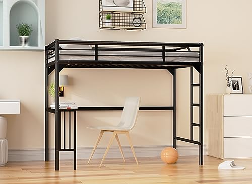 Petfu Loft Bed Twin Size with Desk, Metal Loft Bed Frame with Ladder and Safety Rails, Space-Saving, Noise Free, No Spring Box Needed, Black - 2024 New