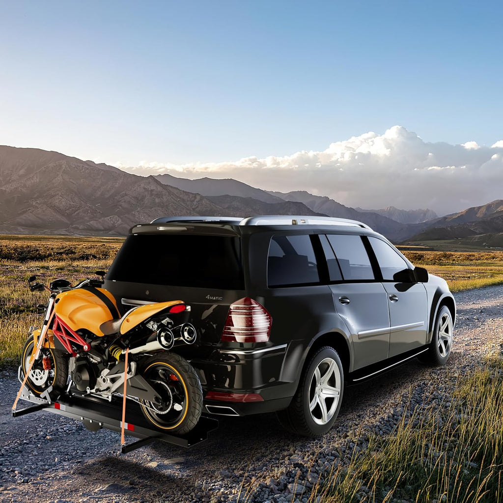 IRONMAX 600LBS Motorcycle Carrier, Heavy Duty Steel Hitch Mount Rack Hauler with Loading Ramp, Wheel Chock & 2 Straps, Anti Tilt Scooter Dirt Bike Carrier for Car Truck SUV RV