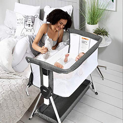 INFANS Baby Bassinet Bedside Crib, Newborn Sleeper w/Large Storage Basket, Adjustable Heights & Angle, Detachable &Washable Mattress, Breathable Mesh, Straps, Easy Moving Bed Side (Dark Grey)