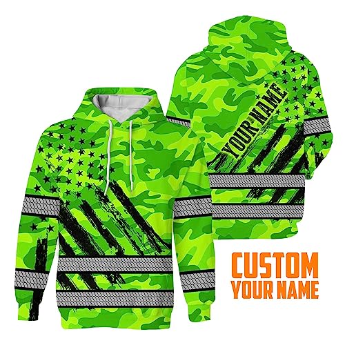 Matedecor US Flag And Camo Neon Color High Visibility Hoodie For Men Women Custom Name Reflective Safety Hoodies for Worker