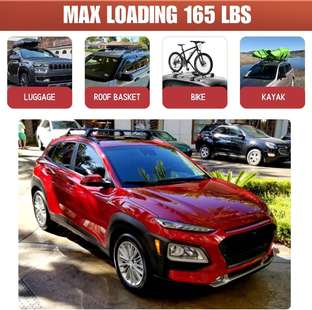 Roof Rack Cross Bars Fit for Hyundai Kona 2018-2023 Black Cargo Carrier Bag Luggage Kayak Bike Snowboard Skiboard