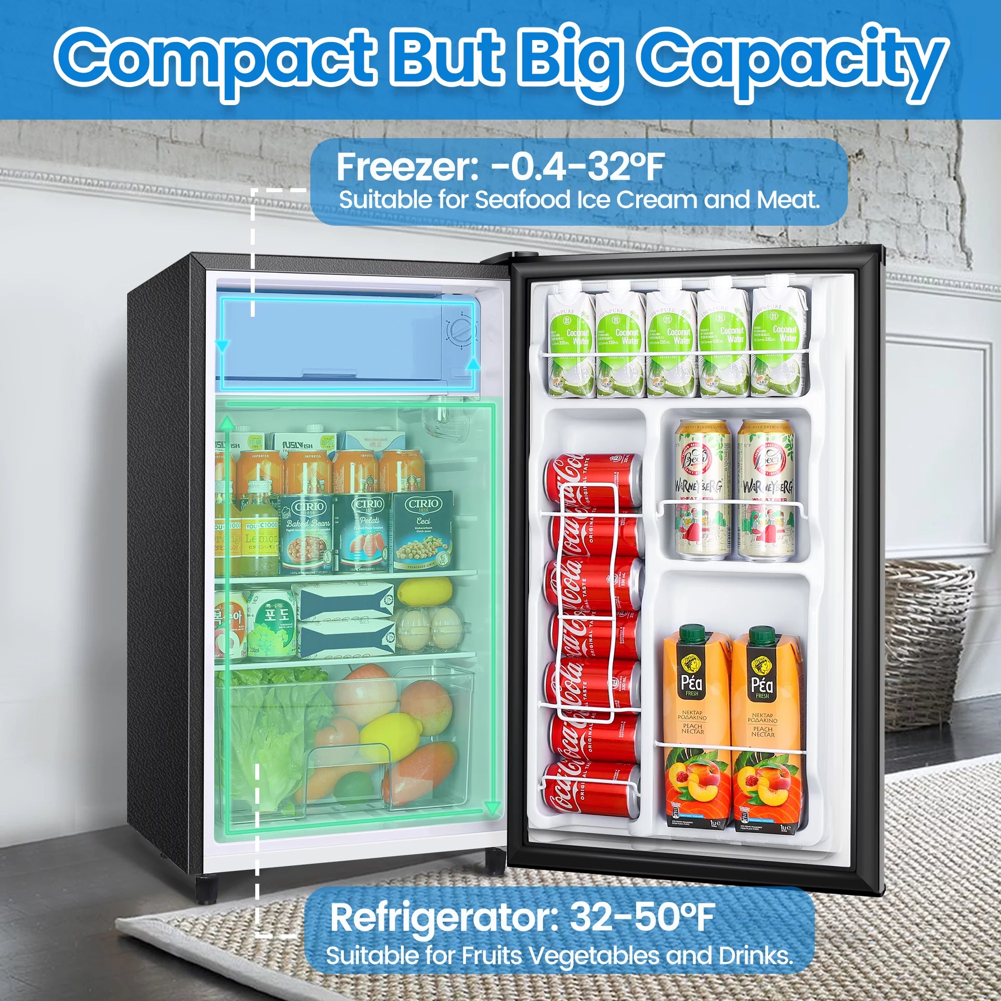 WANAI 3.2 Cu ft Single Door Mini Fridge, Silvery