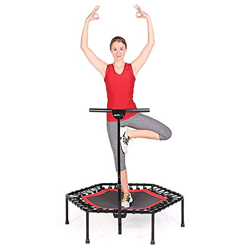 sportplus+ Indoor Trampoline, Blue/Green/Red, Rebounder Home Fitness Trampoline with Height Adjustable Bar