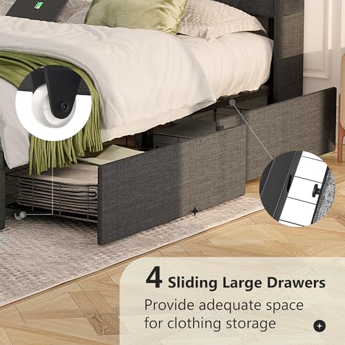 Alohappy Queen Bed Frame with Storage Drawers and Charging Station, Upholstered Platform Bed Frame with LED Light and Type-C & USB Ports,Metal Support No Box Spring Needed Noise-Free Easy Assembly