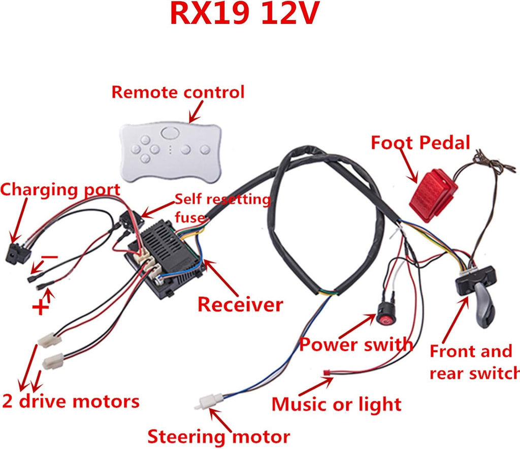 Kids Ride On Car 12V DIY Modified Harness Complete Set of Remote Control Circuit Borad Wires Switch Gearbox with Motors, Children Electric Ride On Car Accessories
