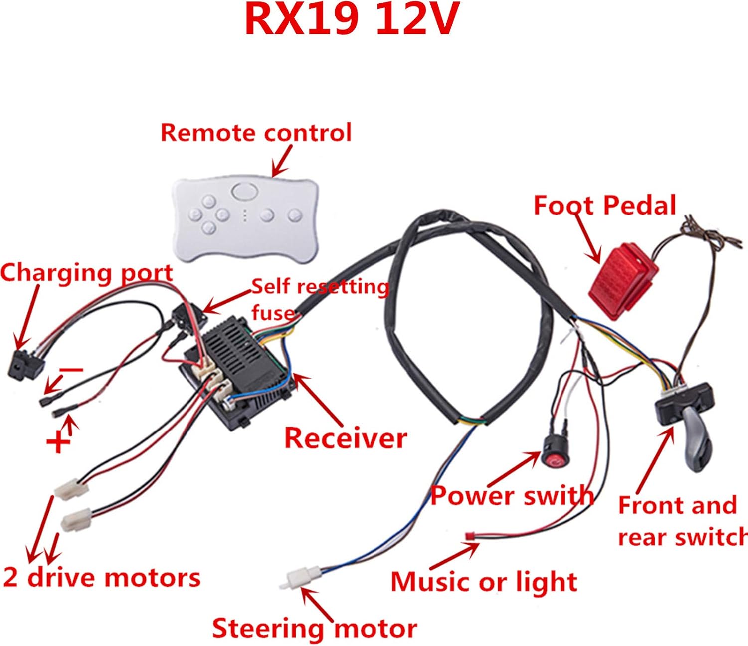 Kids Ride On Car 12V DIY Modified Harness Complete Set of Remote Control Circuit Borad Wires Switch Gearbox with Motors, Children Electric Ride On Car Accessories