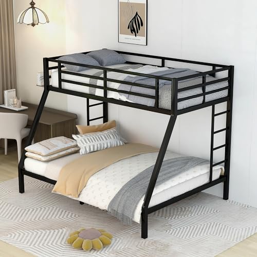 Bunk Bed Twin XL over Queen with 2 Ladder & Safety Railing, Metal Bunk Bed Frame for Kids/Adults Bedroom, Strong Slats Support, Under Bed Storage, Space Saving, Noise Free, No Box Spring Needed, Black