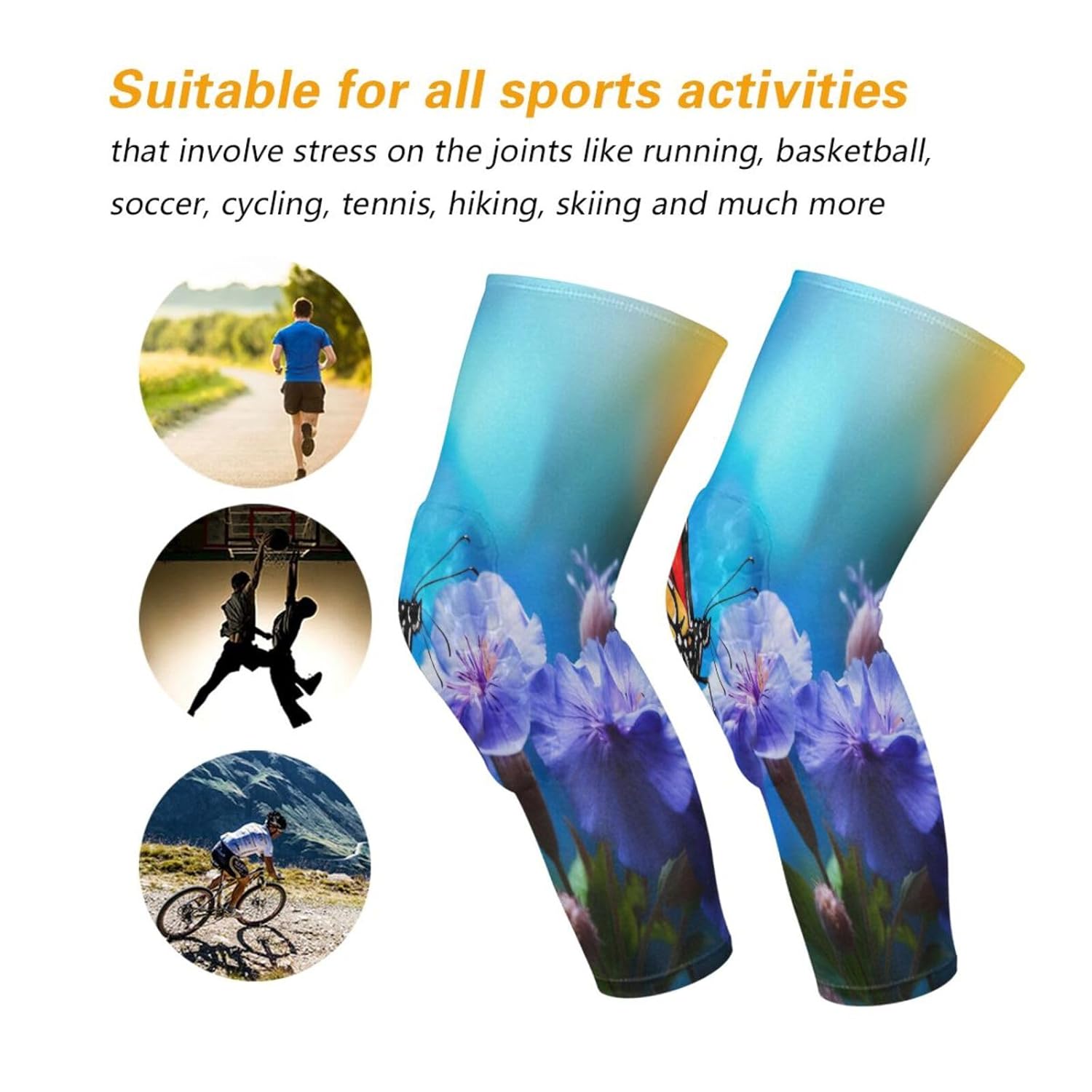 Purple Flower Butterfly Protective Volleyball Knee Pads for Youth Adult 1 Pair of Wrestling Leg Sleeves with Honeycomb Design Protector Gear for Football Basketball Cycling Men Women