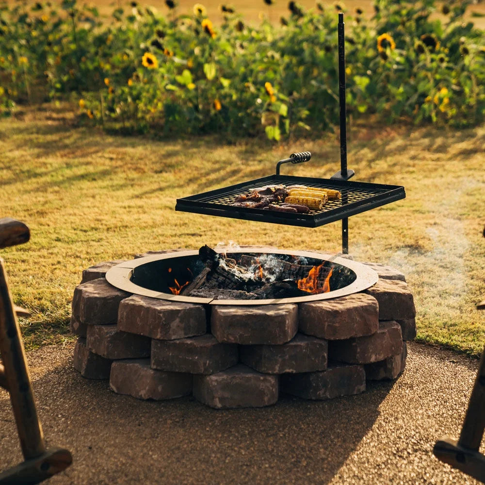 Ash & Ember Adjustable Swivel Grill, Steel Mesh Wire Cooking Grate with Spike Pole, Open Fire Portable BBQ Camping Gear