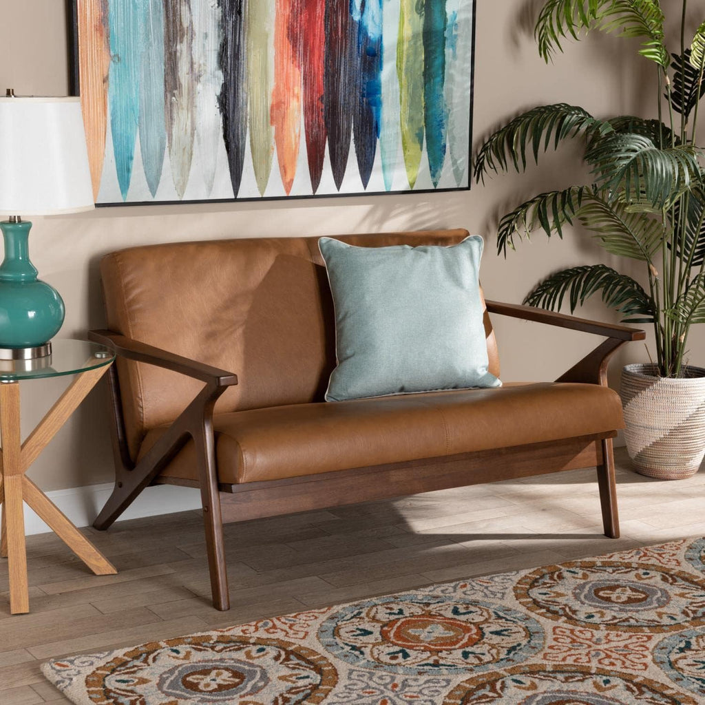 Baxton Studio Bianca Mid-Century Modern Walnut Brown Finished Wood and Tan Faux Leather Effect Loveseat