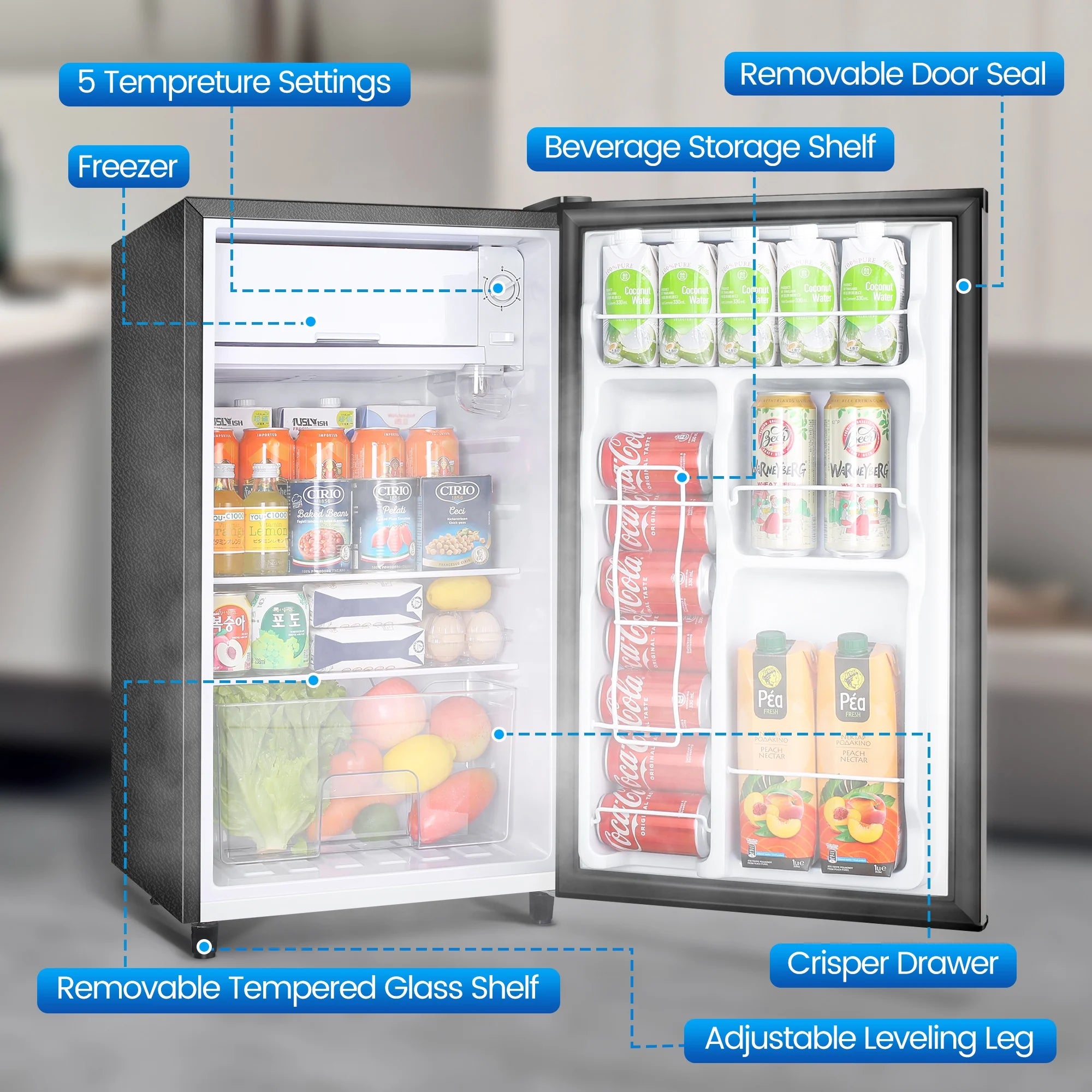 WANAI 3.2 Cu ft Single Door Mini Fridge, Silvery
