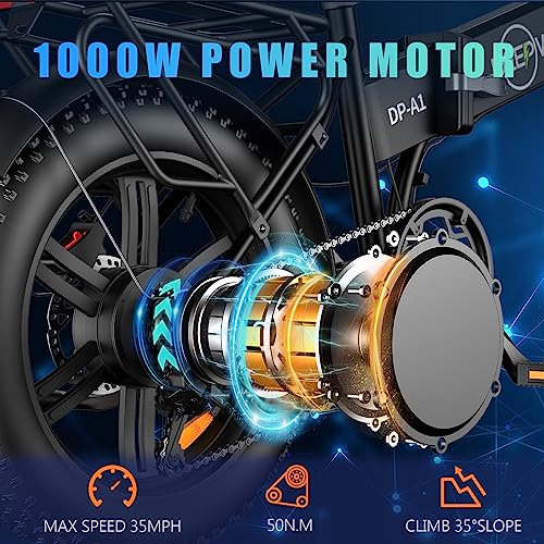 IDOTATA Electric Bicycle for Adults,1000W Motor, 48V 20AH Removable Battery, 31MPH, 31Miles Range, 7-Speed, 20" x4.0 Fat Tire Electric Folding ebike, Dual Shock Absorber Mountain Bike