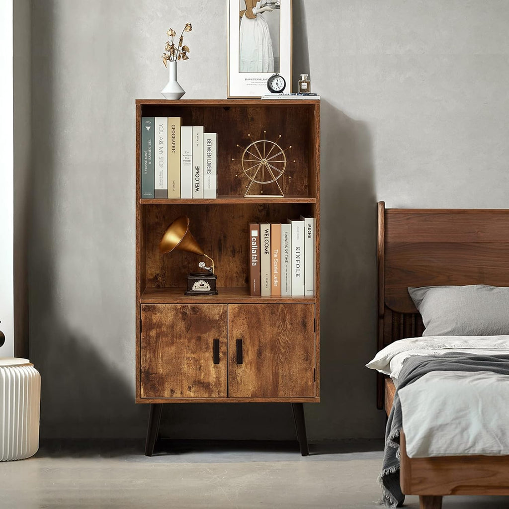 usikey Mid-Century Storage Cabinet with 1 Drawer 2 Doors 3 Shelves & Bookcase Storage Cabinet, Free Standing Cupboard with 4 Legs, Wine Cupboard with Door, for Bedroom Home Office, Rustic Brown