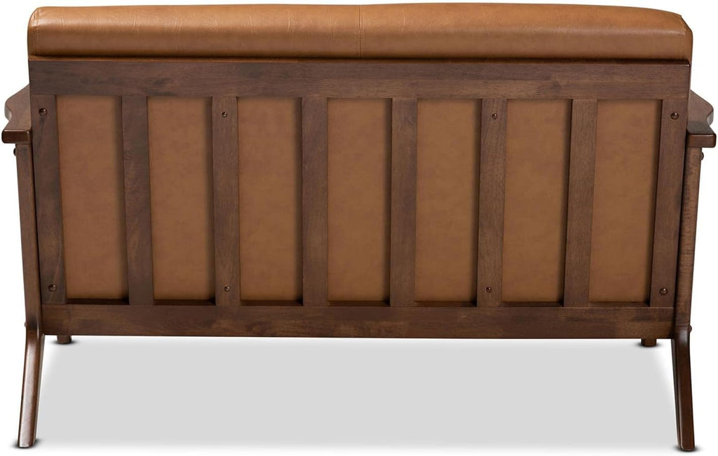 Baxton Studio Bianca Mid-Century Modern Walnut Brown Finished Wood and Tan Faux Leather Effect Loveseat