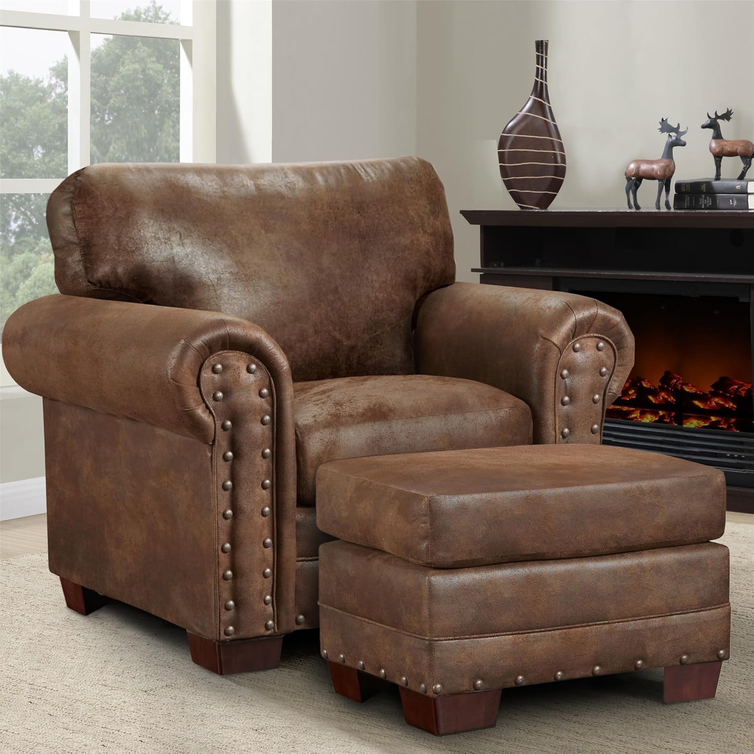 American Furniture Classics Model 8501-00-20 Buckskin Arm Matching Chair and Ottoman, Brown Pinto