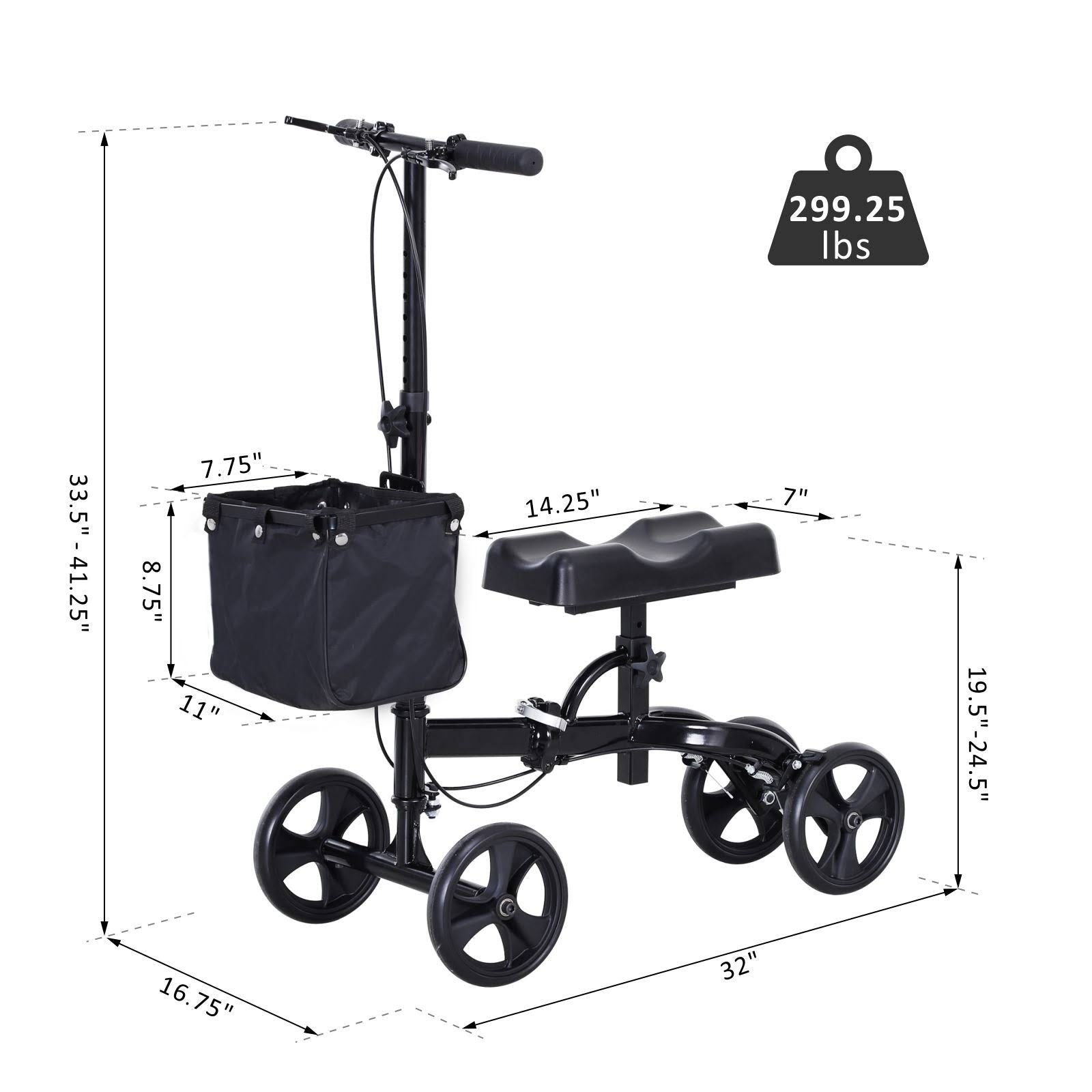 HOMCOM Medical Foldable Steerable Leg Knee Walker Scooter with Basket Attachment, Size: 14.25, Black
