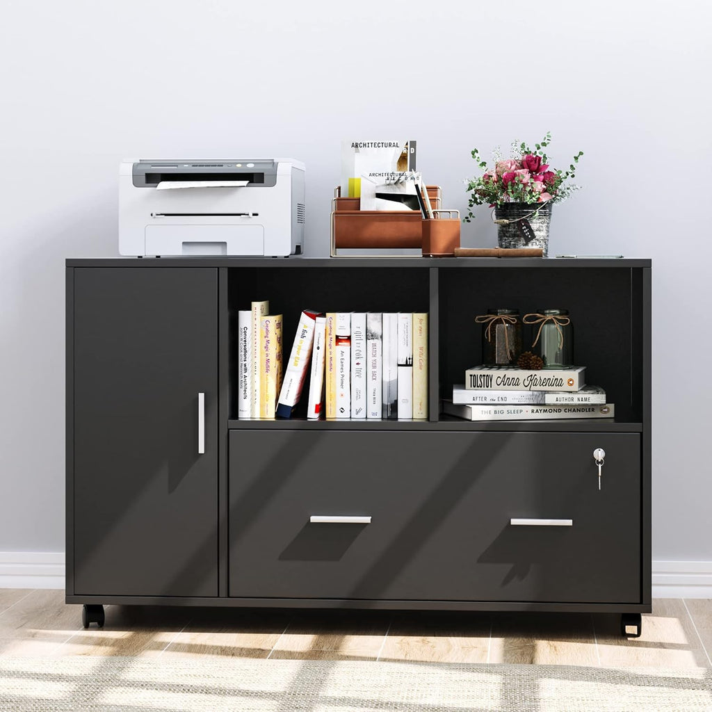 File Cabinet with Drawers and Lock, Wood Lateral Filing Cabinet, Rolling Printer Stand with Open Shelves for Home Office, Black