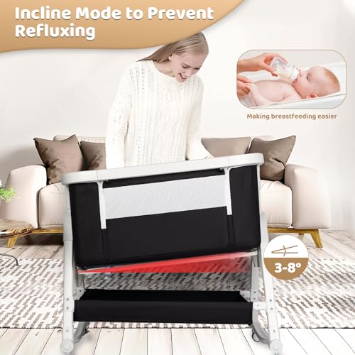 4 in 1 Baby Bassinet, Bassinet Bedside Sleeper with Wheels and Storage Basket, Adjustable 7 Heights Bedside Sleeper with Changing Station, Breathable Mesh Rocking Bassinet for Baby/Newborn