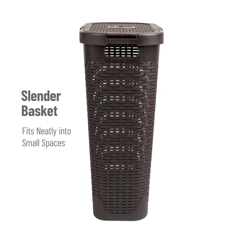Mind Reader 40L Slim Laundry Hamper, Clothes Basket, Lid, Wicker Design, Plastic, 18"L x 10.4"W x 23.5"H, White