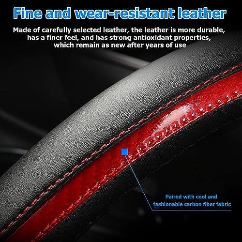 BESULEN Leather Car Steering Wheel Cover, Anti-Slip Breathable for Men Women, Universal 15 Inch, Steering Wheel Cover Protector for Most Cars Trucks, Car Interior Accessories