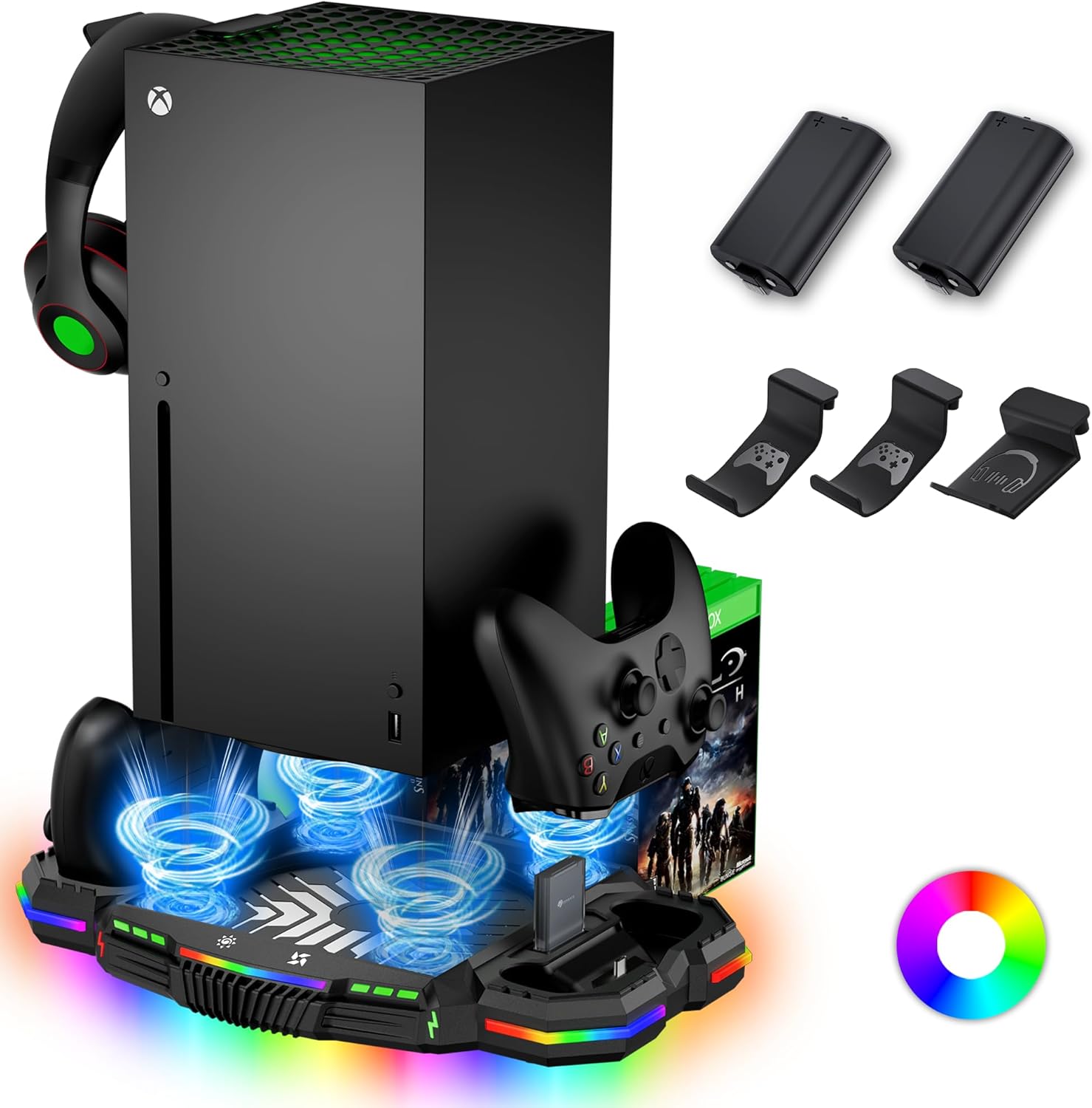 RGB Charging Stand with Cooling Fan for Xbox Series X, Vertical Dual Controller Charger Station Dock & Cooler System with 13 LED Lights, 2 Rechargeable Battery & 3 Accessories Holder for Xbox Series X