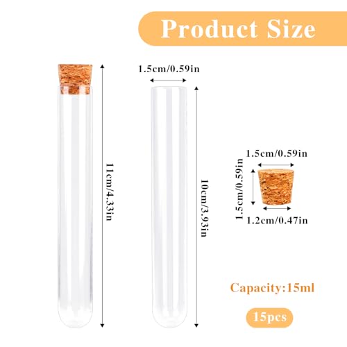 Plastic Test Tubes with Lids, 15x100mm (15ml) Clear Vials with Seal Cap Container Transparent Test Tubes with Cork Stoppers for Jewelry Seed Beads Powder Spice Liquid Storage (15 PCS)