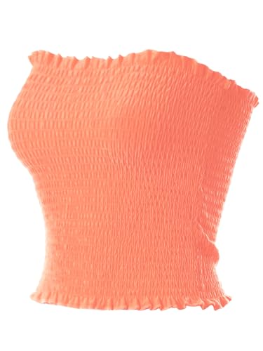 MixMatchy Women's Strapless Smocked Lettuce Hem Stretch Bustier Bandeau Crop Tube Top