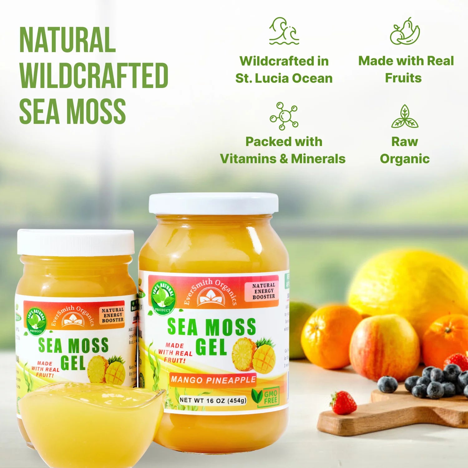 Organic Sea Moss Gel (Mango-Pineapple) - LARGE 16 OZ - Real Fruit - Wildcrafted Sea Moss