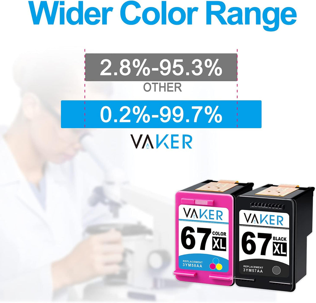 VAKER Remanufactured Ink Cartridge Replacement for HP 67 67XL to fit with HP Envy 6052 6058 6075 DeskJet 2732 2755 DeskJet Plus 4152 4155 4158 Printer (1 Black 1 Tri-Color) Pack of 2