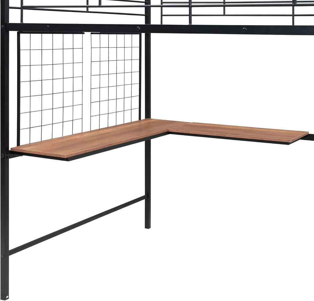 Harper & Bright Designs Metal Full Size Loft Bed with Desk and and Metal Grid, Loft Bed Full with Storage Stairs and Wardrobe,Space Saving Loft Bed with Desk Underneath for Kids Teens, Black